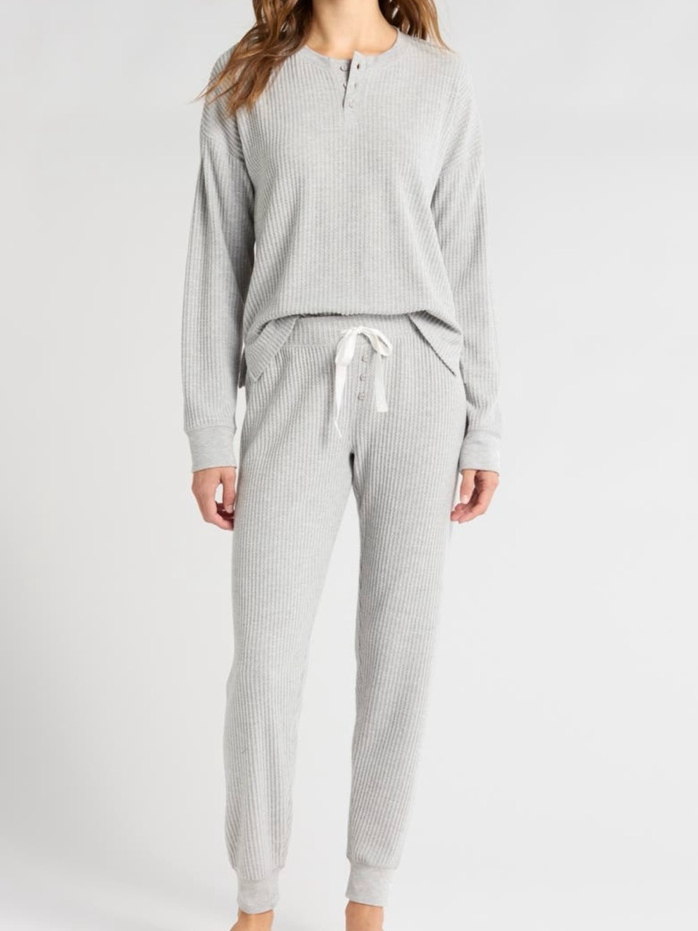 P.J. Salvage Gray Waffle Knit Thermal Pajama Set Medium
